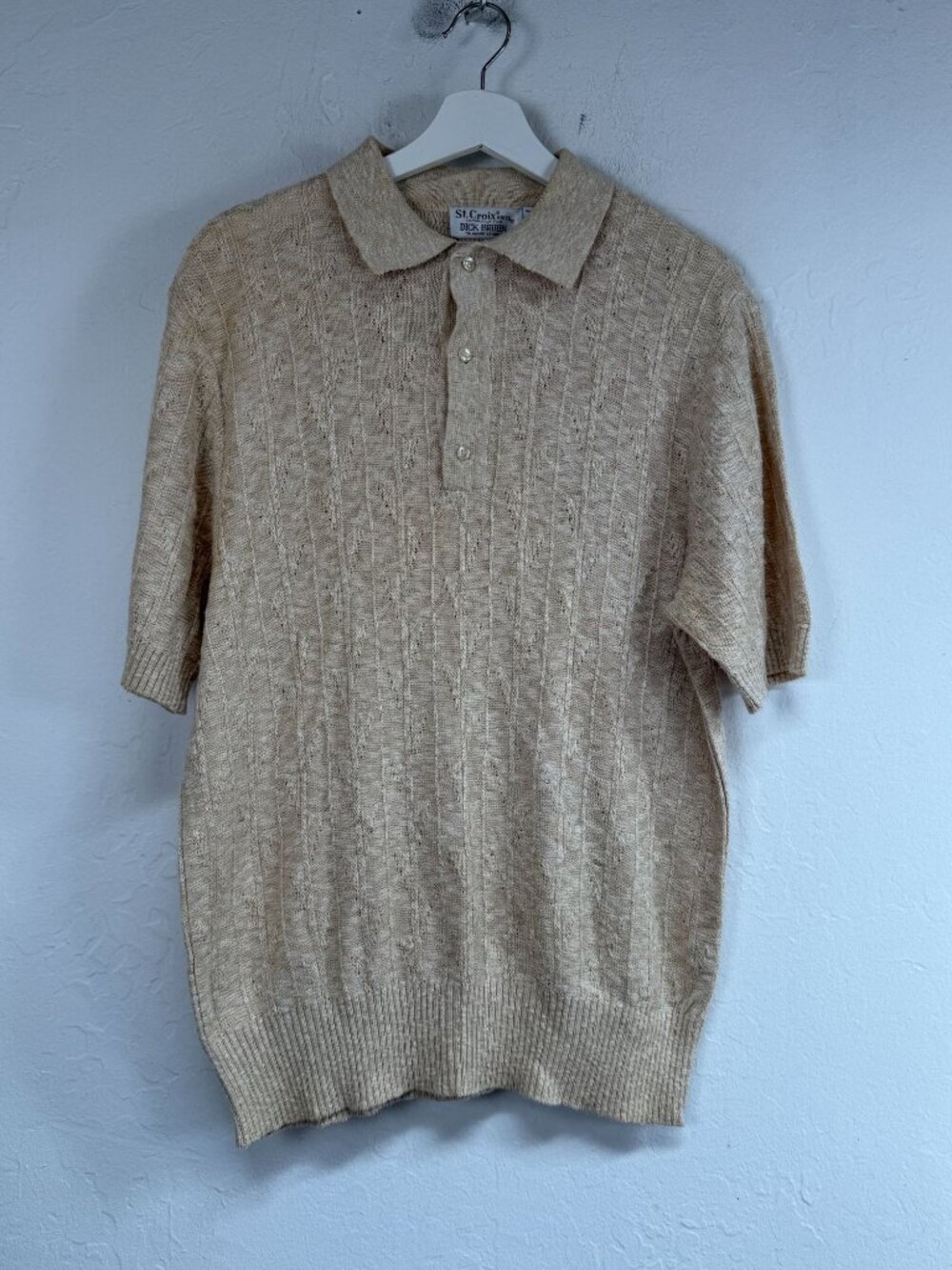 Vintage St. Croix Knits For Dick Bruhn Men Tan Textured Knit Polo Sweater Medium